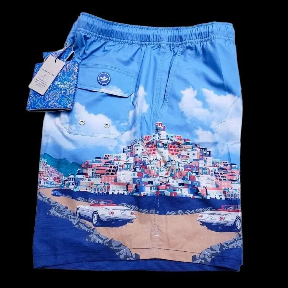 NEW Peter Millar Men's XL Graphic Print Drawstring Lined Swim Trunks